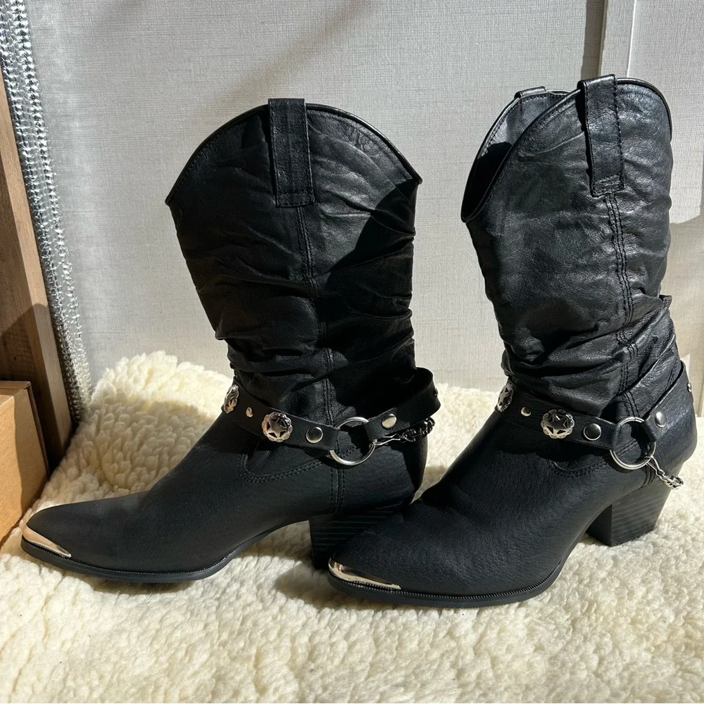 Womens Dingo D1552 Slouch with Harness Boot-Size 7 1/2 Black Leather - Picture 2 of 6